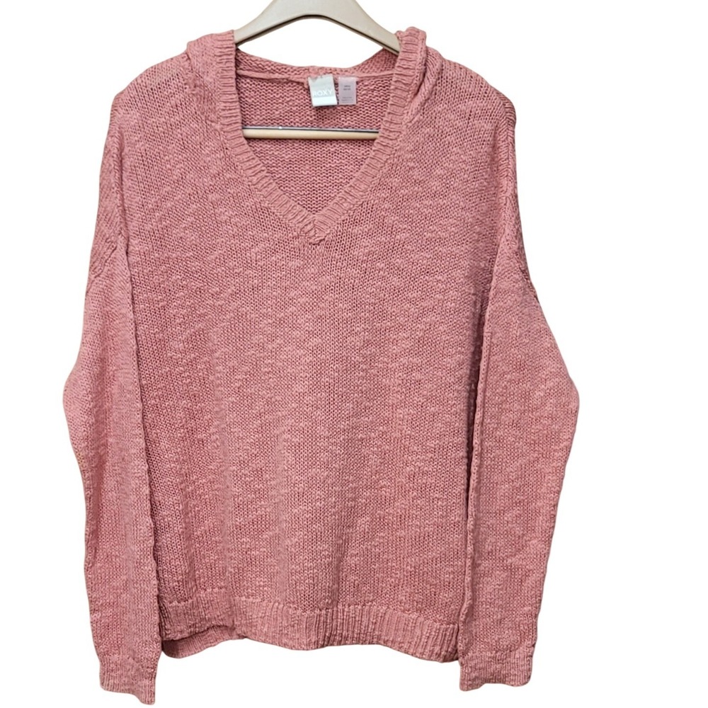 ROXY Coral 100% Cotton Knit Hoodie Sweater S Cozy Pullover Beachy Resort Boho